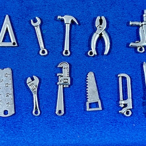 Silver Tool Set Charms: Carpenter, Builder, DIY Pendants (Set of Twelve)