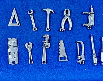 Silver Builders Carpenters Painters Plumbers Decorators & DIYers Tool Set Charm and Pendants ~ Set of Twelve