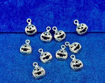 Halloween Silver Carved Pumpkin Jack-o-Lanterns Charm Pendents ~ Set of Ten