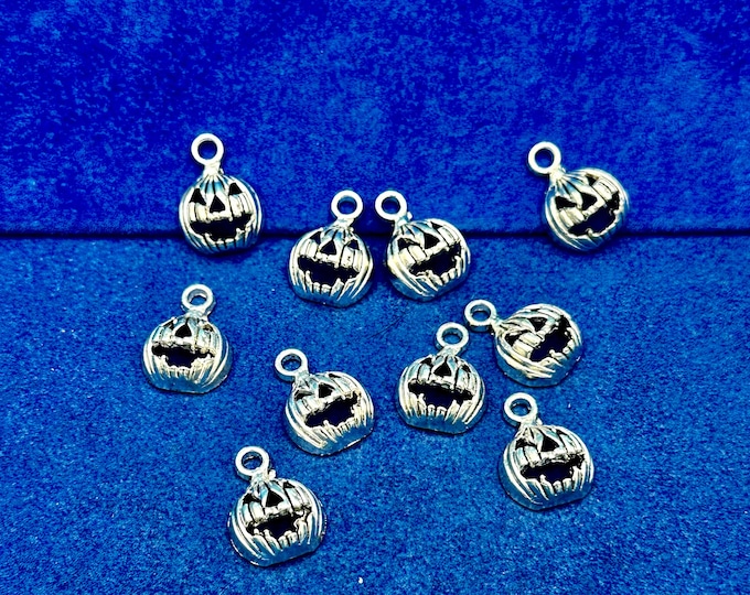 Halloween Silver Carved Pumpkin Jack-o-Lanterns Charm Pendents ~ Set of Ten
