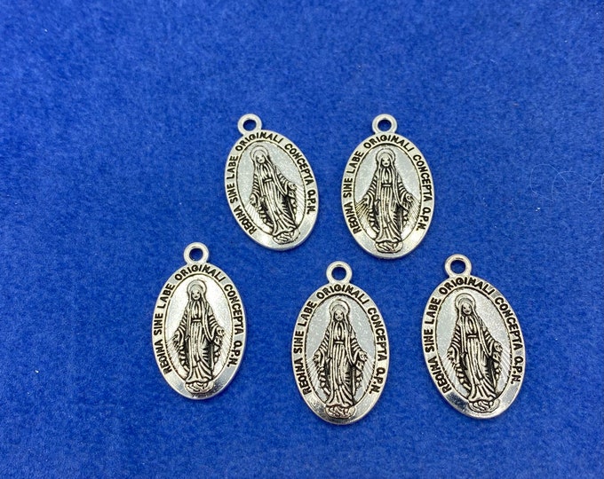 Silver Virgin Mary Religious Medal Charm Pendants - Set of Five