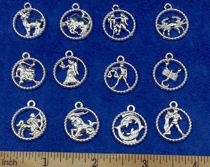 Set of 12 Zodiac Sign Round Charms with Cut Out Detail in Bright Silver - Set of Twelve