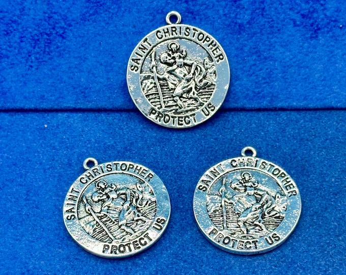 Large Silver Round Patron Saint St Christopher Charm Medal Pendants ~ Set of Three
