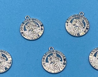 Bright Silver Round Patron Saint St Christopher Charm Medal Pendants ~ Set of Five