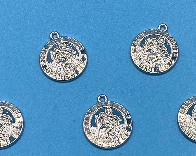Bright Silver Round Patron Saint St Christopher Charm Medal Pendants ~ Set of Five
