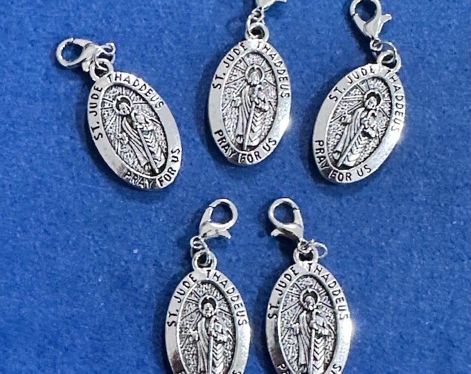 New Silver Patron Saint St Jude Oval Charm Pendant with Lobster Clasp - Set of Five