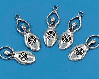 Silver Fertility Goddess with Spiral Charm Pendents -Set of Five