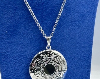 Large Polished Stainless Steel Round Photo Locket With Detailed Engraved Swirl Design with Silver Plated Necklace.