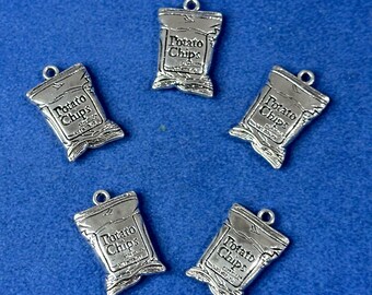 Silver packet of potato Crisps ‘Chips’ Charm Pendant - Set of Five