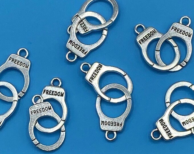 Large Silver Handcuffs with ‘Freedom’ Pendant Charms ~ Six Pairs