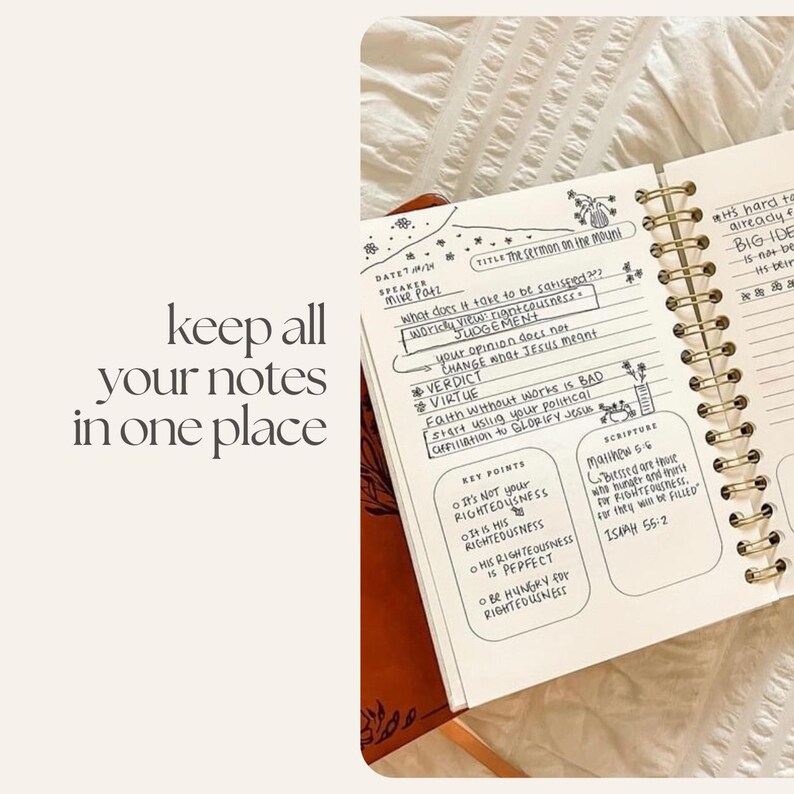May include: A notebook with handwritten notes, spiral-bound and open to show notes on "The Sermon on the Mount." The text "keep all your notes in one place" is visible. The notebook has a brown cover and the pages are filled with notes.