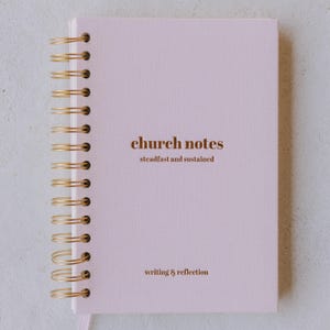 May include: A light pink spiral-bound notebook with gold-colored metal binding. The cover features the words "church notes" in a brown serif font, with "steadfast and sustained" below. The phrase "writing & reflection" is at the bottom.