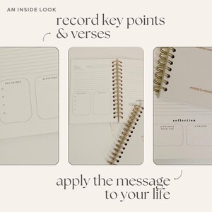 May include: A white spiral-bound journal with gold-coloured metal rings. The journal pages have sections for key points, scripture, and reflection. Text on the image reads "record key points & verses" and "apply the message to your life."