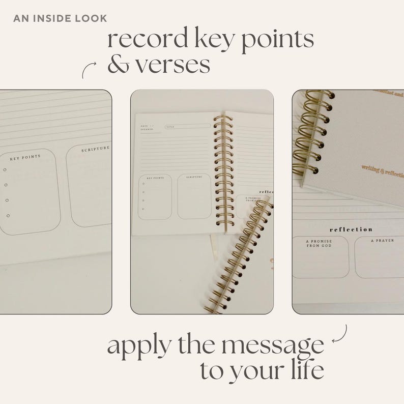 May include: A white spiral-bound journal with gold-coloured metal rings. The journal pages have sections for key points, scripture, and reflection. Text on the image reads "record key points & verses" and "apply the message to your life."