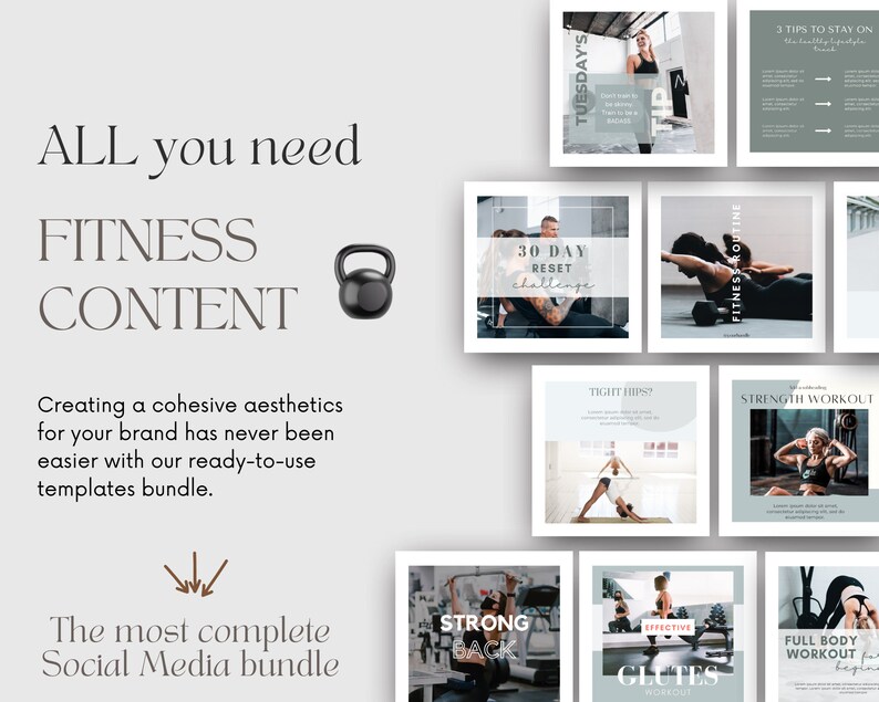 Fitness Instagram-paket Inlägg om sociala medier Fitnesstexter Innehåll för personlig tränare Inlägg om hälsosam livsstil Gymentusiast Canva-mallar bild 2