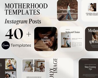Pode incluir: Uma colagem de modelos de postagens do Instagram para a maternidade com imagens e texto. O texto inclui "Maternidade e viagens", "Encontrar a paz no caos", "Após a licença maternidade", "Estilos e escolhas", "Espírito de maternidade", "Imagem corporal" e "Dicas para o treinamento do sono".