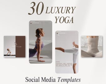 Può includere: 30 Modelli di social media per yoga di lusso. Una raccolta di modelli di social media per uno studio di yoga. I modelli presentano immagini di persone che eseguono pose di yoga e testo che dice "Serene Sanctuary".