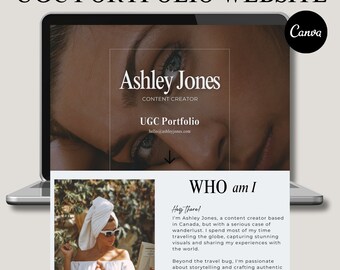 May include: A laptop screen displaying a website for a content creator named Ashley Jones. The website features a photo of Ashley, a description of her work as a content creator, and a call to action to learn more about her.