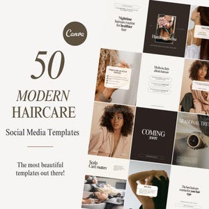 Könnte beinhalten: Eine Sammlung von 50 modernen Social-Media-Vorlagen für die Haarpflege. Die Vorlagen zeigen eine Vielzahl von Bildern und Texten, darunter eine Frau mit lockigem Haar, eine Frau, die sich die Haare waschen lässt, und eine Nahaufnahme eines Frauenauges. Der Text auf den Vorlagen enthält Sätze wie "Nachtliche Haarpflege-Routine für gesünderes Haar", "Mythen vs. Fakten über Haarpflege" und "Kopfhautpflege ist wichtig".