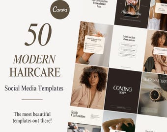 May include: A collection of 50 modern hair care social media templates. The templates feature a variety of images and text, including a woman with curly hair, a woman getting her hair washed, and a close-up of a woman's eye. The text on the templates includes phrases like "Nighttime haircare routine for healthier hair", "Myths vs. facts about haircare", and "Scalp Care matters".