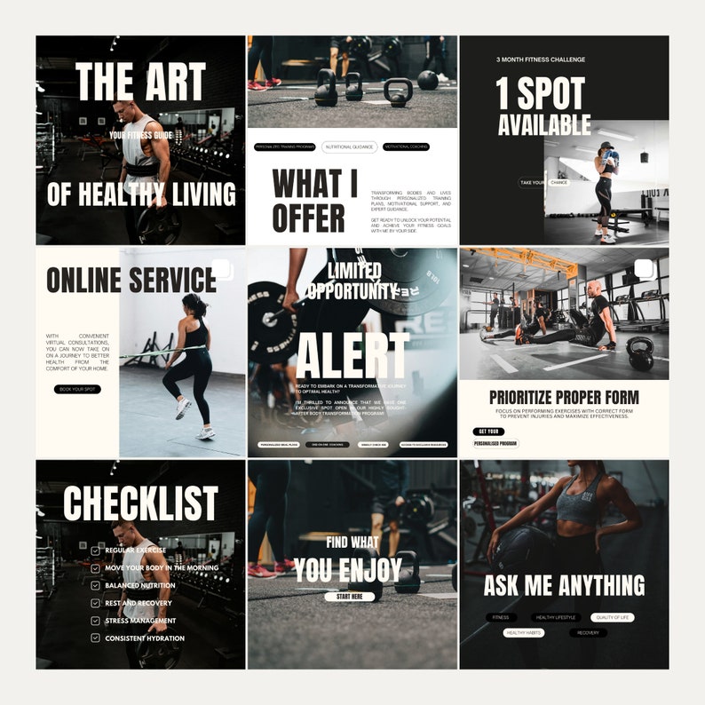 May include: A black and white graphic with text that reads "The Art of Healthy Living" and "What I Offer". The graphic also includes a checklist with items such as "Regular Exercise", "Move Your Body in the Morning", and "Balanced Nutrition".