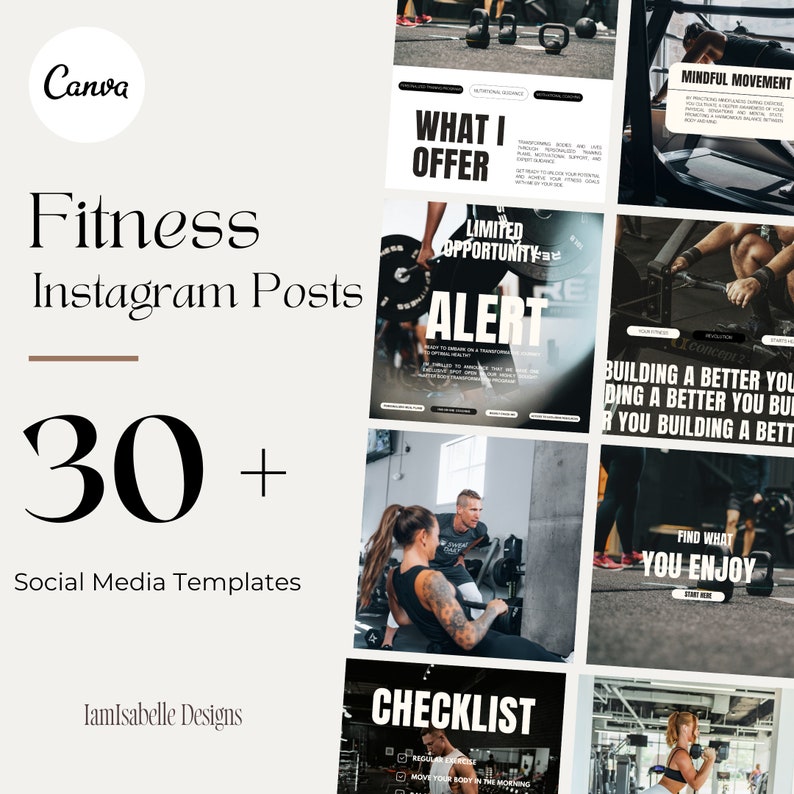 Fitness Instagram posts. 30 social media templates for fitness accounts