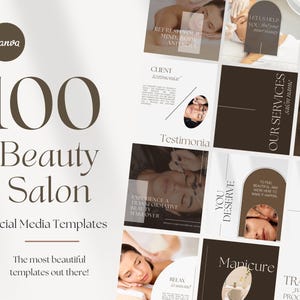 May include: A collection of 100 social media templates for beauty salons. The templates feature a variety of designs, including images of people receiving beauty treatments, text overlays, and geometric shapes. The templates are designed to help beauty salons promote their services and connect with their customers.