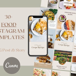 30+ Instagram Food Blogger Templates. Recipes. Healthy Eating. Foodie Canva Templates. Instagram Posts and Stories.