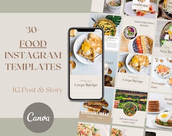 30+ Instagram Food Blogger Templates. Recipes. Healthy Eating. Foodie Canva Templates. Instagram Posts and Stories.