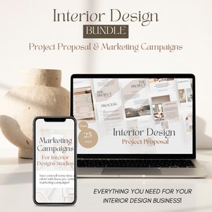 Peut inclure: Un écran d'ordinateur portable affichant une proposition de marketing numérique pour les entreprises de design d'intérieur. La proposition comprend un processus de projet, un contrat client et des pages d'inspiration. L'écran d'un smartphone affiche une campagne marketing pour les studios de design d'intérieur. Le texte sur l'écran de l'ordinateur portable indique "Proposition de projet de design d'intérieur" et le texte sur l'écran du smartphone indique "Campagnes marketing pour les studios de design d'intérieur".