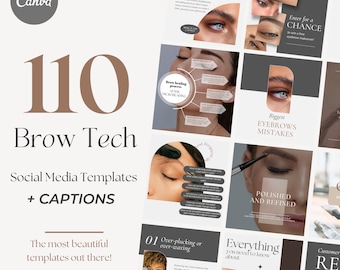 May include: A collection of 110 social media templates for brow technicians. The templates feature images of eyebrows, text about brow lamination, and the text "Brow Tech" and "Social Media Templates + Captions".