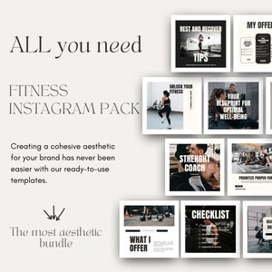 all you need bundle, fitness Instagram pack. It help to create a cohesive aesthetics for your brand. Canva customizable templates for fitness coaches.