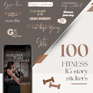 Könnte beinhalten: Ein Set mit 100 Fitness-Instagram-Story-Stickern. Die Sticker sind in einem braunen und beigefarbenen Farbschema gehalten und zeigen motivierende Zitate und Sätze wie "Gym love", "Today's workout", "Focus on your goals", "High energy", "Stay strong and keep going", "Get fit", "Intense leg workout", "Fitness journey", "Rest day", "Stay true to your goals" und "100 fitness IG story stickers".