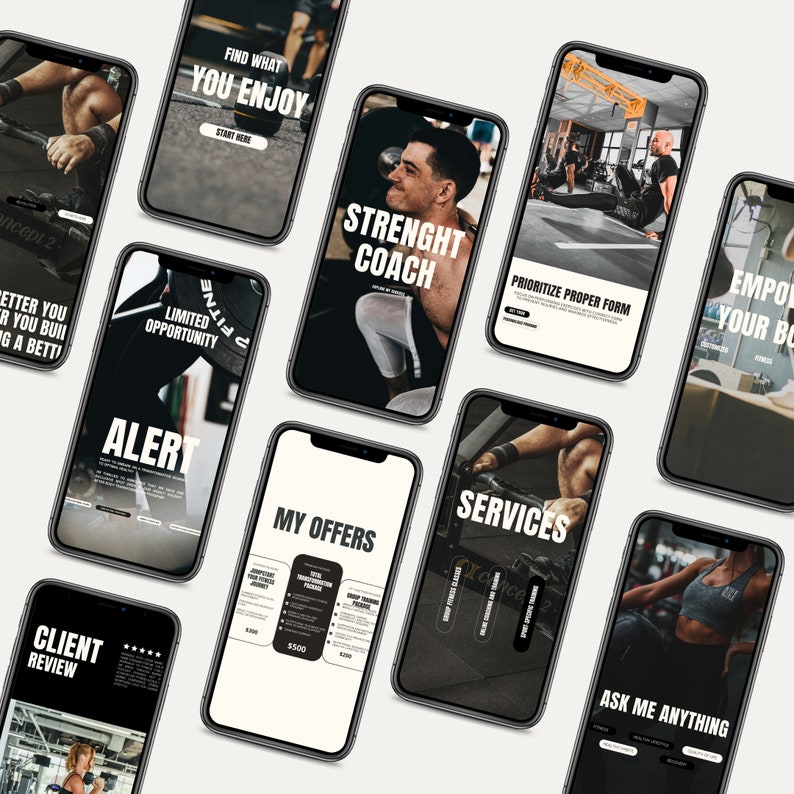 Instagram stories for fitness profiles. Fitness coach social media stories. Templates for fitness accounts.