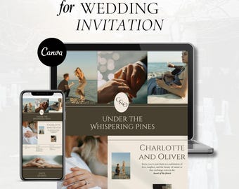 May include: Website template for a wedding invitation with a rustic theme. The template features photos of a couple, a ring, and a forest scene. The text "Under the Whispering Pines" and "Charlotte and Oliver" is displayed on the template.
