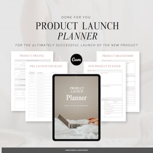 May include: A digital product launch planner with a beige background and the text "Product Launch Planner" in a pink font. The planner includes sections for product pricing, pre-launch checklist, product brainstorm, and new product planner.