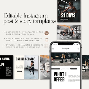 Editable Instagram post and story templates. It is perfect for fitness coaches, trainers, personal trainers and fitness enthusiasts.