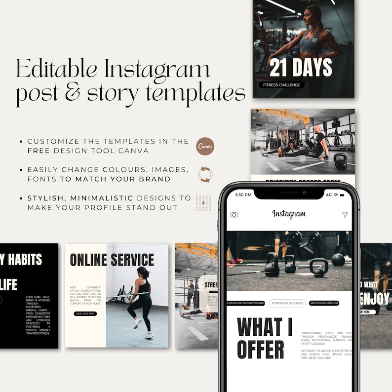 Editable Instagram post and story templates. It is perfect for fitness coaches, trainers, personal trainers and fitness enthusiasts.