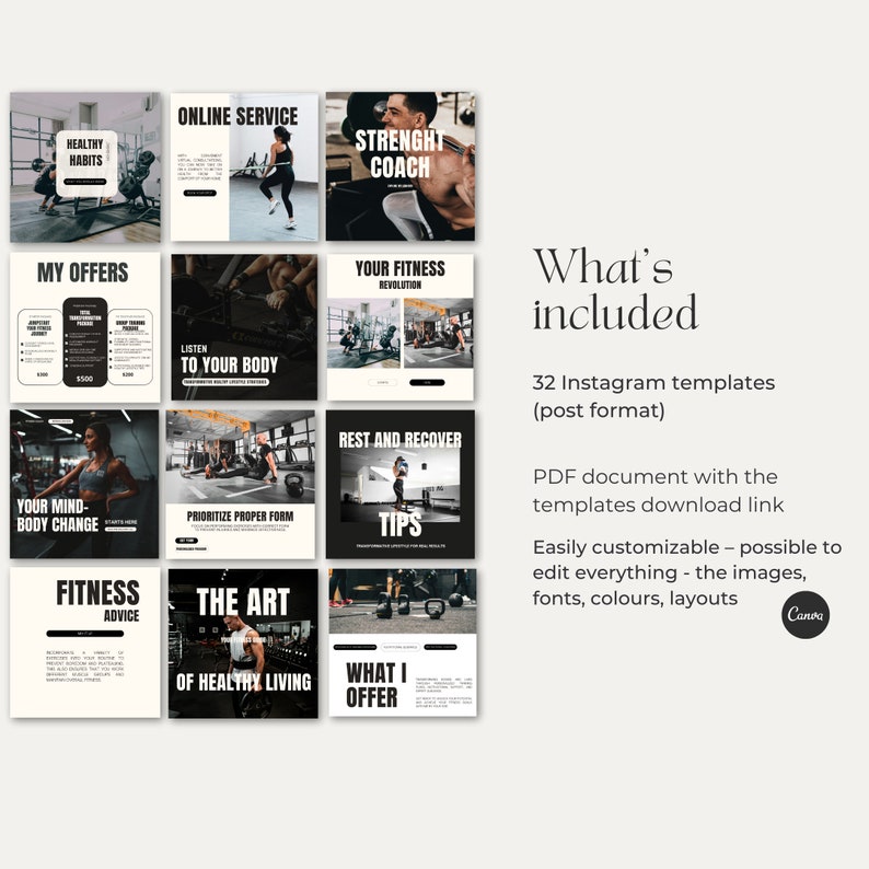 32 instagram templates for fitness profiles on social media. Curated feed that attracts the attention of your ideal audience. Beautiful content for fitness accounts on social media.
