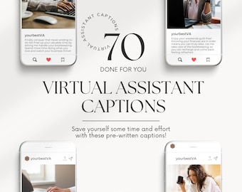 Op de afbeelding: Een collage van vier afbeeldingen die een virtuele assistent laten zien die aan een laptop werkt. De tekst "70 Virtual Assistant Captions" wordt in een cirkel weergegeven. De tekst "Done for you" wordt onder de cirkel weergegeven. De tekst "Save yourself some time and effort with these pre-written captions!" wordt onder de tekst "Done for you" weergegeven. De tekst "IamIsabelleDesigns" wordt onderaan in het midden van de collage weergegeven.