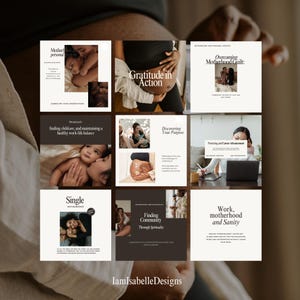 Puede incluir: Un collage de nueve publicaciones de Instagram con un esquema de color marrón y blanco. Las publicaciones presentan imágenes de mujeres embarazadas, madres con sus hijos y texto sobre la maternidad, el crecimiento personal y la comunidad.