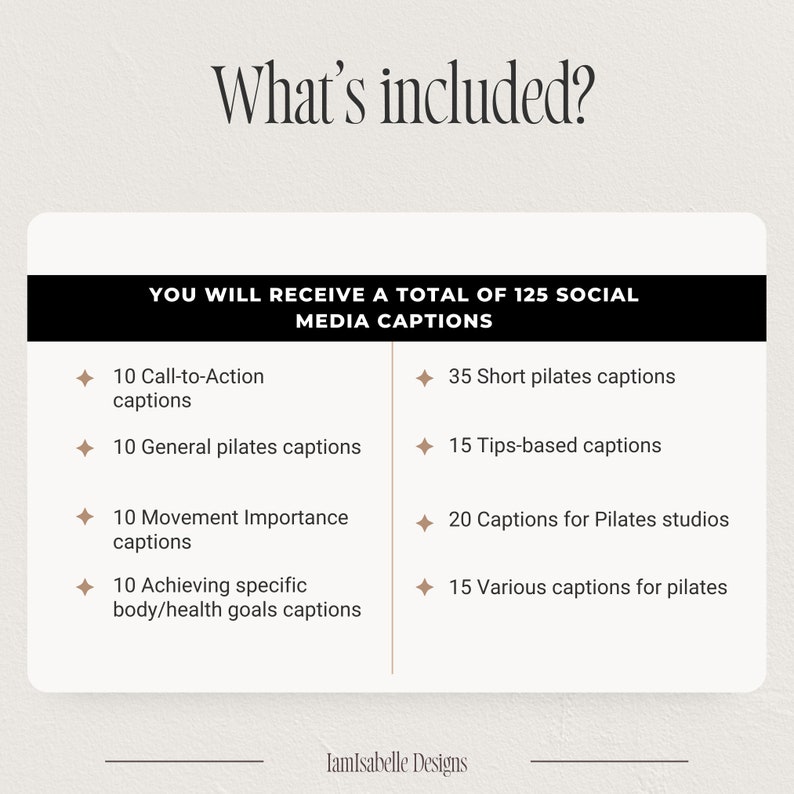 In this pilates captions package it is included different captions topics like, call to action, general captions, movement importance, specific body, health goals, tips-based captions, for Pilates studios and more