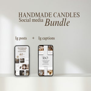 Könnte beinhalten: Ein digitales Produktpaket für handgemachte Kerzen, mit Instagram-Posts und Bildunterschriften. Das Bild zeigt zwei Smartphones mit Vorlagen und Bildunterschriften. Der Text enthält "HANDMADE CANDLES" und "Social media Bundle". Das Paket bietet 40+ Vorlagen und 160 Bildunterschriften.