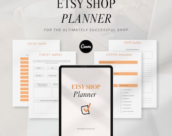 Puede incluir: Un planificador digital para los propietarios de tiendas Etsy, con secciones para el seguimiento de ventas, el público objetivo, la lluvia de ideas de listados y el creador de tiendas. El planificador está diseñado en un estilo minimalista con un esquema de color melocotón y blanco.