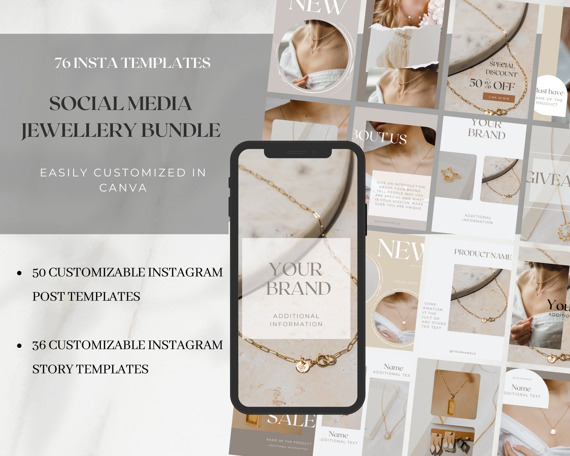 76 Jewelry Instagram Templates for Canva. Social Media Etsy