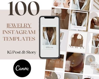 100 Jewelry Templates, Jewelry Shop, Accessories Branding, Aesthetic Instagram Templates, Social Media Branding, Jewelry Canva Templates