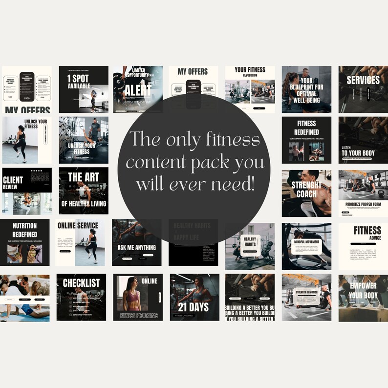 Fitness templates bundle for social media. It is all-done-for-you, so make is easier to posts on social media. Fit lifestyle, gym, personal coach.