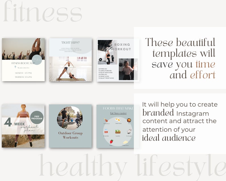 Fitness Instagram-paket Inlägg om sociala medier Fitnesstexter Innehåll för personlig tränare Inlägg om hälsosam livsstil Gymentusiast Canva-mallar bild 7