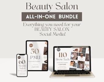 May include: A digital marketing bundle for beauty salons, featuring three different social media template packs: 60 Beauty Salon templates, 50 PMU templates, and 110 Brow Tech templates. The templates are displayed on a phone, tablet, and laptop.