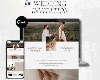 May include: Website template for a wedding invitation with a photo of a couple holding hands. The text reads "Website Template for Wedding Invitation" and includes the names "Elizabeth Grace Harrington" and "Michael James Carter".